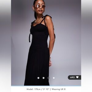 Black Tie-Shoulder Smocked Midi Dress